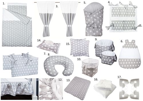The Complete Baby Package Cot Bed - 19 Pieces Set - Polka Dots Collection - White & Grey - Vizaro