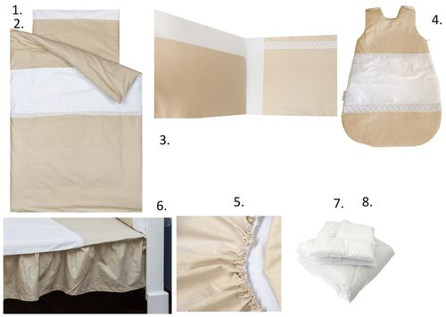 Complete Bedding Set for Cot - 8 Pieces Set - Beige Stripes with Lace Collection - Vizaro