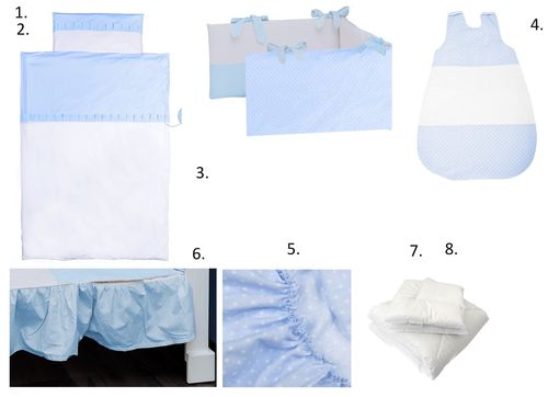 Complete Bedding Set for Cot Bed - 8 Pieces Set - Blue & White Collection - Vizaro