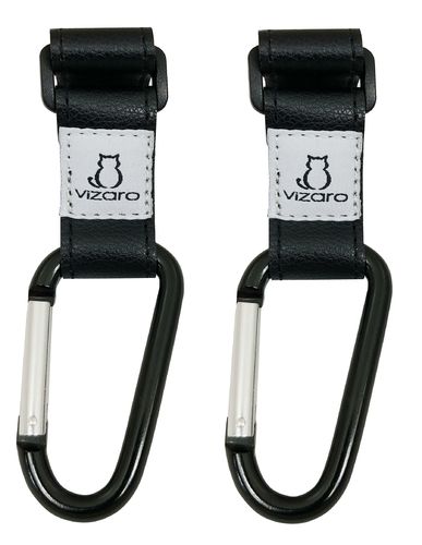 2x Sport Black Leather Hooks to hang baby stroller handlebar bags - Max. 15kg