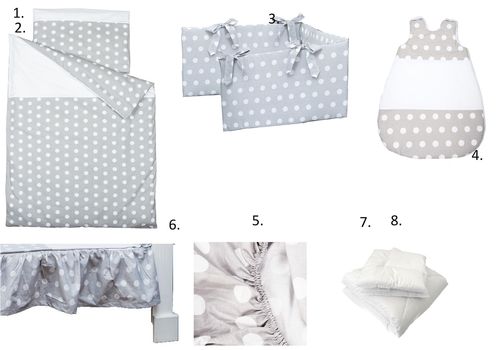 Complete Bedding Set for Cot - 8 Pieces Set - Polka Dots Collection - White & Grey - Vizaro