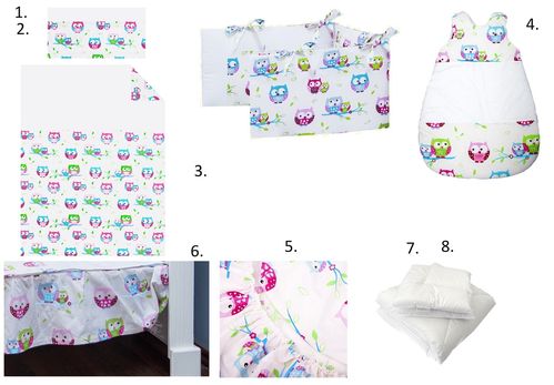 Complete Bedding Set for Cot Bed - 8 Pieces Set - Little Owls Collection - Vizaro