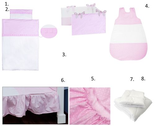 Complete Bedding Set for Cot Bed - 8 Pieces Set - Pink & White Collection - Vizaro