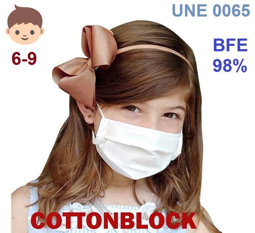 Reusable Face Mask TRIMATT COTTONBLOCK -100% Cotton Cloth- CHILDREN 6-9 - BFE 98% UNE 0065 approved